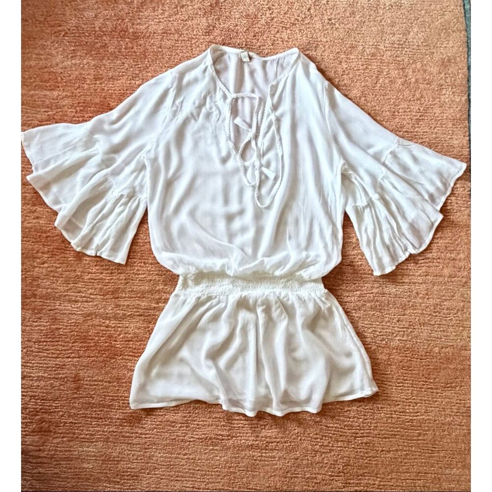 Maaji White Sheer Tie Neck Peplum Blouse Bell Sleeves Size S